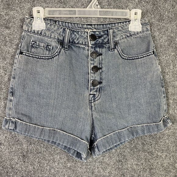BDG Super High Rise Foxy Button Fly Cuffed Shorts Women 26 Blue Denim 5 Pocket - Picture 1 of 11